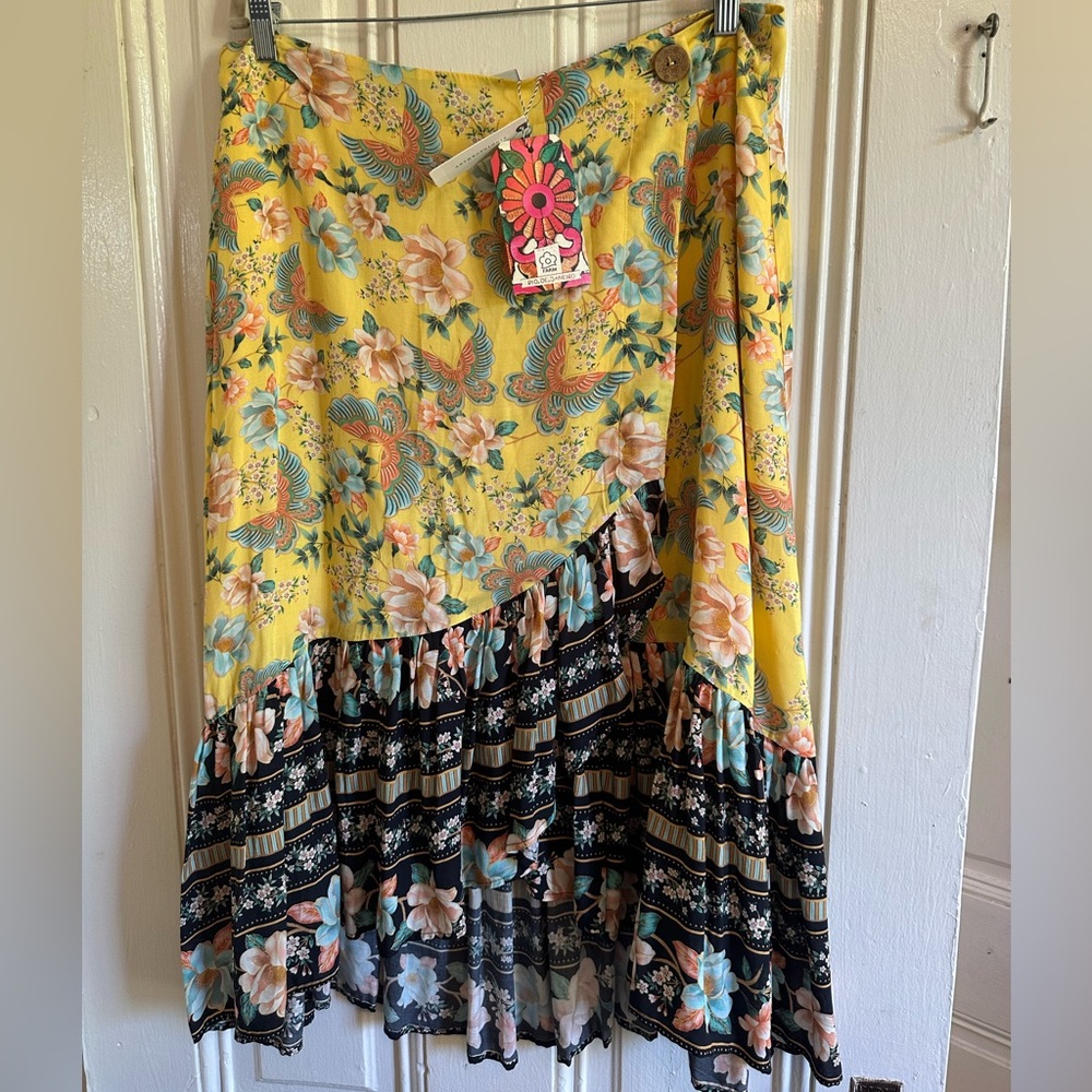 FARM Rio Yellow Floral Wrap Maxi Skirt with Contrasting Printed Hem size XL nwt